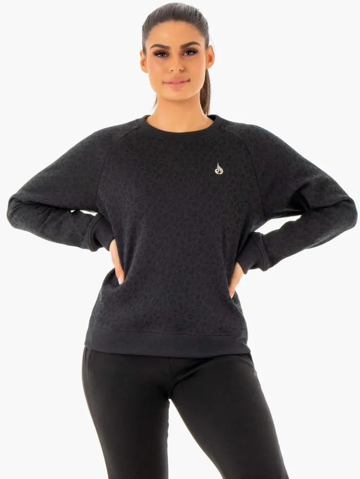 Adapt Boyfriend Sweater 8211 Black Leopard Women Ryderwear Jackets and Sweaters
