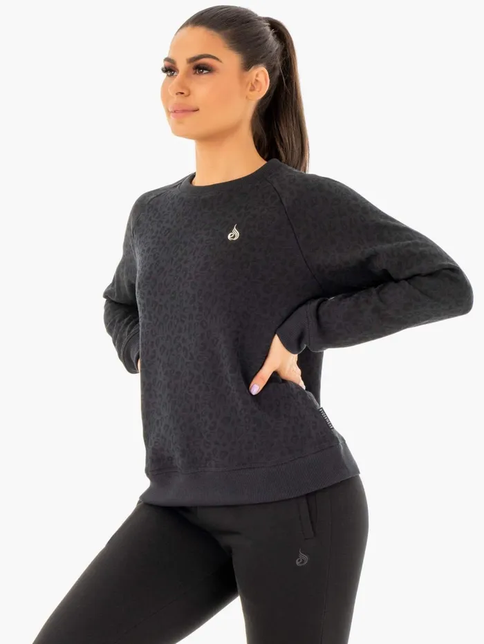 Adapt Boyfriend Sweater 8211 Black Leopard Women Ryderwear Jackets and Sweaters