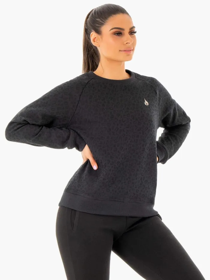 Adapt Boyfriend Sweater 8211 Black Leopard Women Ryderwear Jackets and Sweaters