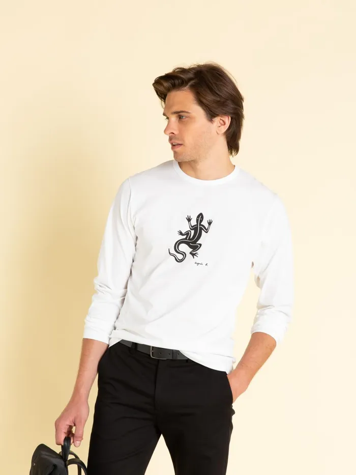 Agns B Artist039s Collection Men White Long Sleeves Coulos Lizard Tshirt