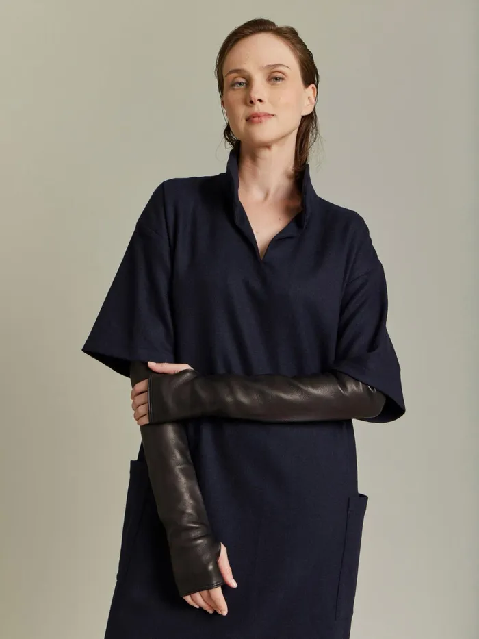 Agns B Beanies and Gloves Women Black Plonge Lambskin Long Leather Gloves