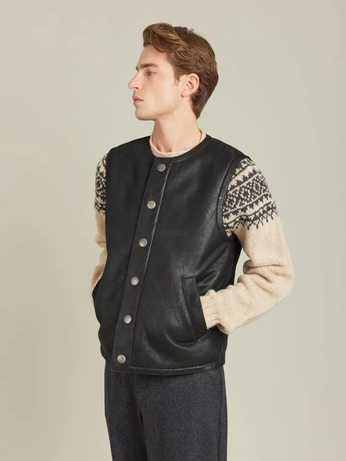 Agns B Jackets and Coats Men Black Shearling Leather Waistcoat