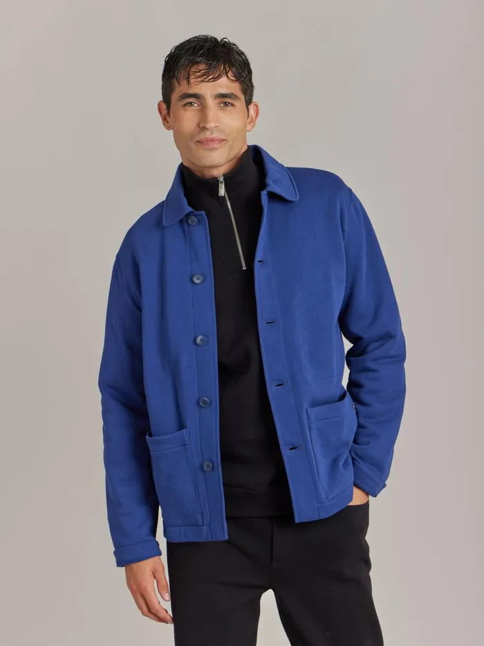 Agns B Tshirts and Polo Shirts Men Blue Cotton Fleece Mandarin Jacket