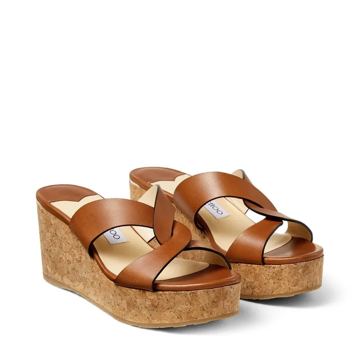 Atia 75 Cuoio Vachetta Leather Wedge Sandals With Crossover Straps Cuoio Women JIMMY CHOO Wedges