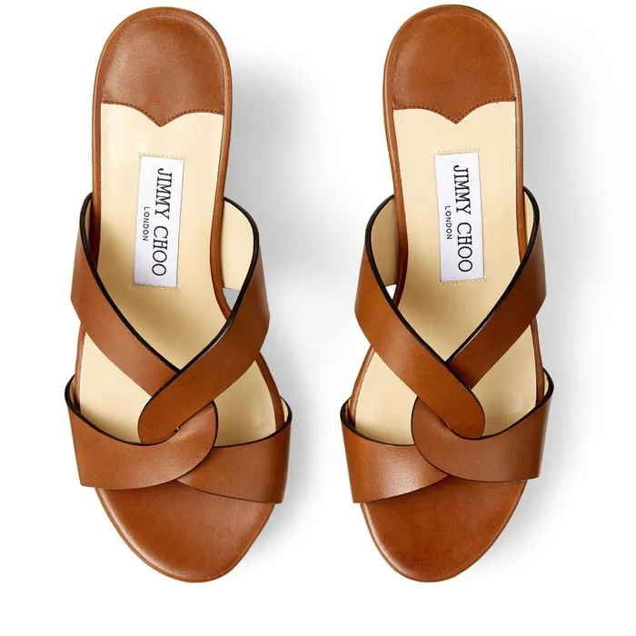 Atia 75 Cuoio Vachetta Leather Wedge Sandals With Crossover Straps Cuoio Women JIMMY CHOO Wedges