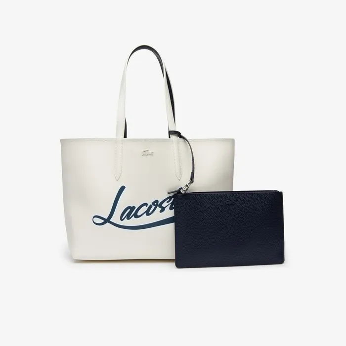 Bags Lacoste Womens Anna Removable Pouch Signature Reversible Tote Typo Marshmallow Dark Sap On Sale