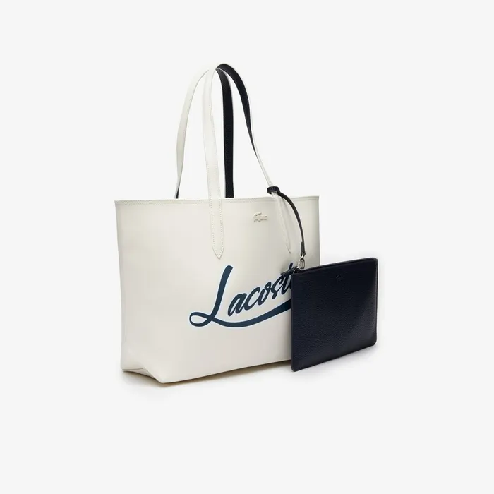 Bags Lacoste Womens Anna Removable Pouch Signature Reversible Tote Typo Marshmallow Dark Sap On Sale