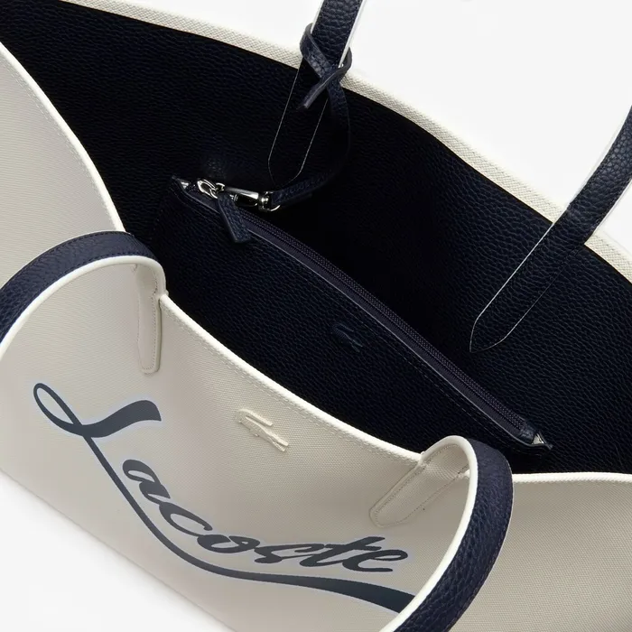 Bags Lacoste Womens Anna Removable Pouch Signature Reversible Tote Typo Marshmallow Dark Sap On Sale