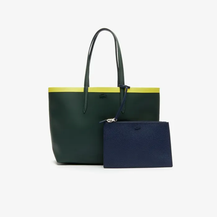 Bags Lacoste Womens Anna Reversible Contrast Band Coated Canvas Tote Bag Scarab Peacoat Green Shee For Sale Online