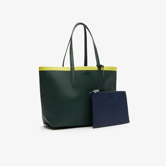 Bags Lacoste Womens Anna Reversible Contrast Band Coated Canvas Tote Bag Scarab Peacoat Green Shee For Sale Online