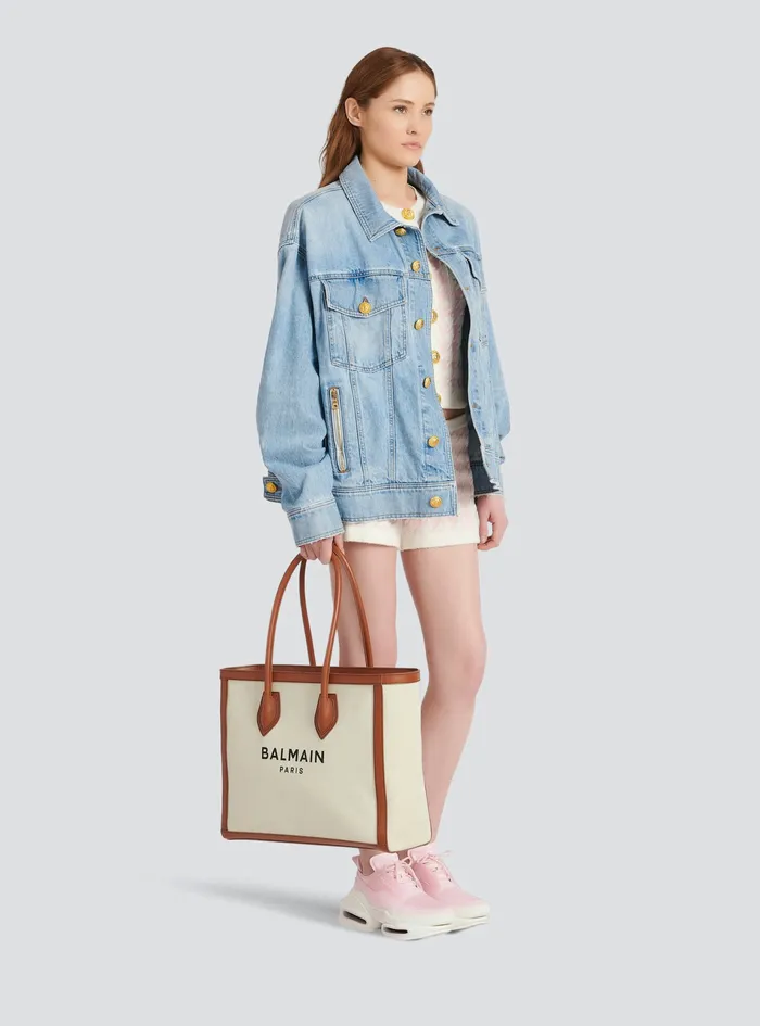 Balmain BArmy Bags Womens Ecru Canvas BArmy 42 Tote Bag With Brown Leather Panels Beige Balmain BArmy Bags Womens Ecru Canvas BArmy 42 Tote Bag With Brown Leather Panels Beige