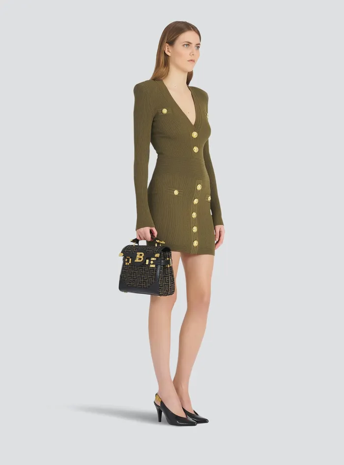 Balmain BBuzz Bags Womens Bicolor Jacquard BBuzz 23 Bag With Black Leather Panel Khaki Balmain BBuzz Bags Womens Bicolor Jacquard BBuzz 23 Bag With Black Leather Panel Khaki