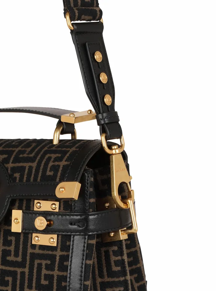 Balmain BBuzz Bags Womens Bicolor Jacquard BBuzz 23 Bag With Black Leather Panel Khaki Balmain BBuzz Bags Womens Bicolor Jacquard BBuzz 23 Bag With Black Leather Panel Khaki