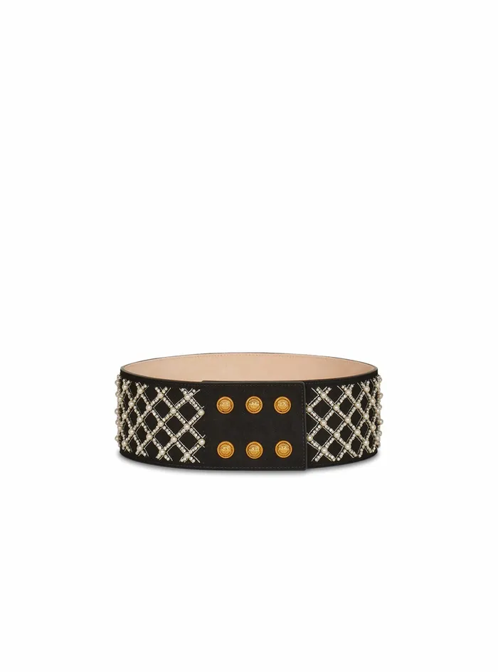 Balmain Belts Womens Leather Embroidered Coin Belt Belt Black