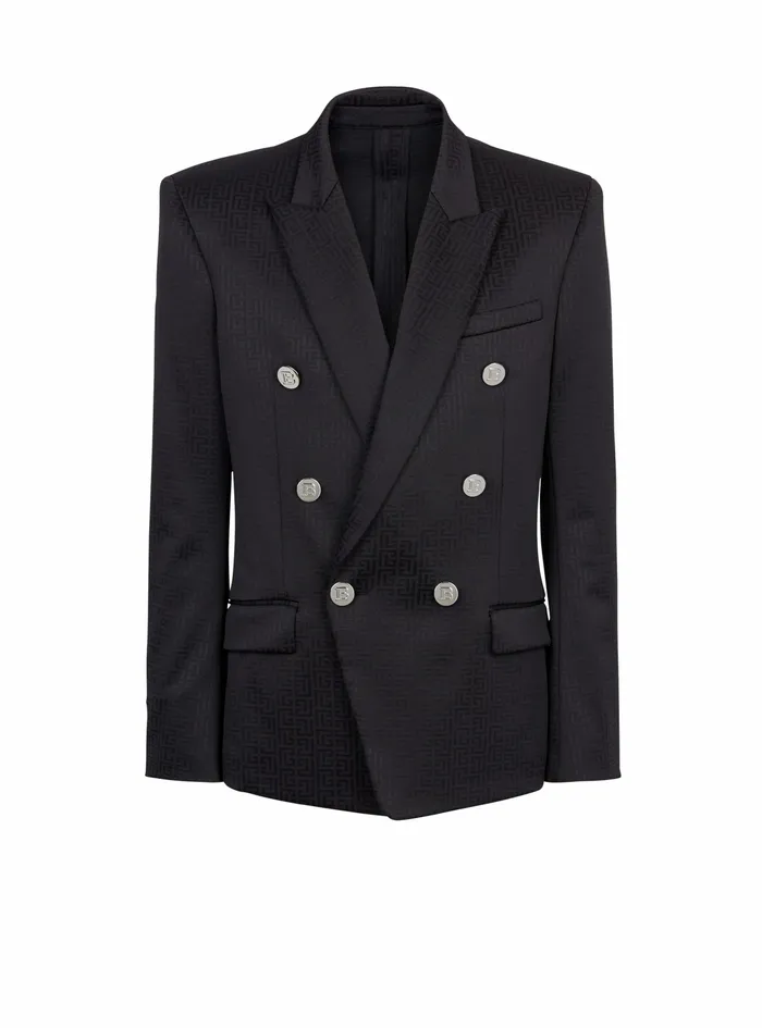 Balmain Blazers Mens Jersey DoubleBreasted Blazer With Balmain Monogram Print Black Balmain Blazers Mens Jersey DoubleBreasted Blazer With Balmain Monogram Print Black