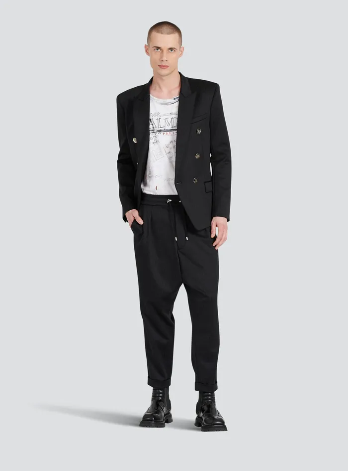 Balmain Blazers Mens Jersey DoubleBreasted Blazer With Balmain Monogram Print Black Balmain Blazers Mens Jersey DoubleBreasted Blazer With Balmain Monogram Print Black