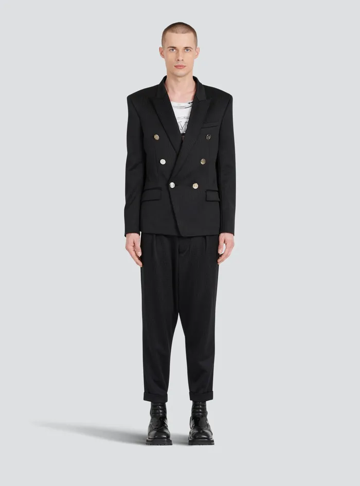 Balmain Blazers Mens Jersey DoubleBreasted Blazer With Balmain Monogram Print Black Balmain Blazers Mens Jersey DoubleBreasted Blazer With Balmain Monogram Print Black