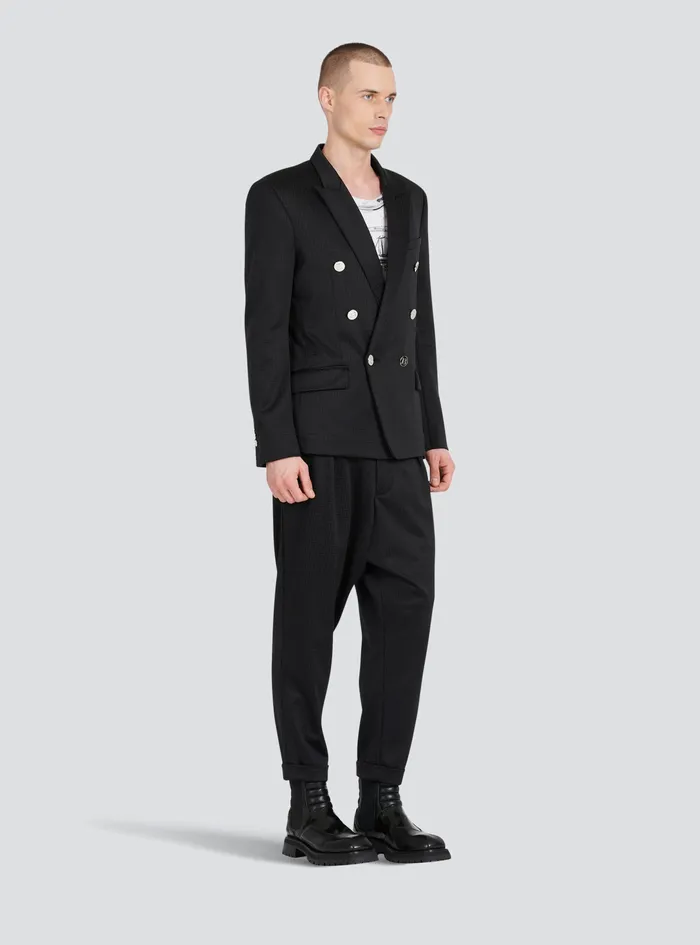 Balmain Blazers Mens Jersey DoubleBreasted Blazer With Balmain Monogram Print Black Balmain Blazers Mens Jersey DoubleBreasted Blazer With Balmain Monogram Print Black