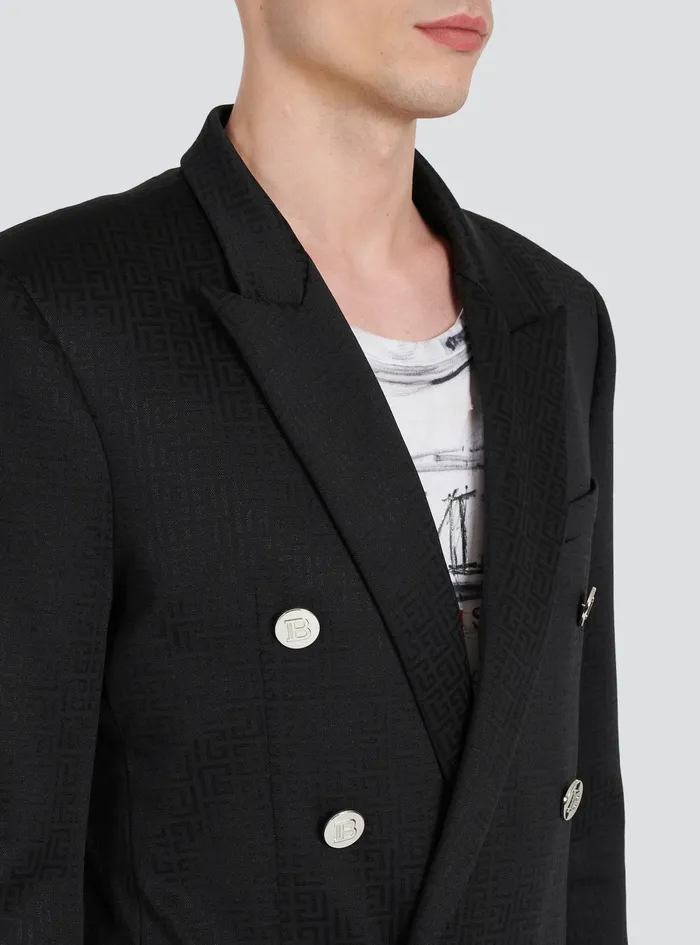 Balmain Blazers Mens Jersey DoubleBreasted Blazer With Balmain Monogram Print Black Balmain Blazers Mens Jersey DoubleBreasted Blazer With Balmain Monogram Print Black