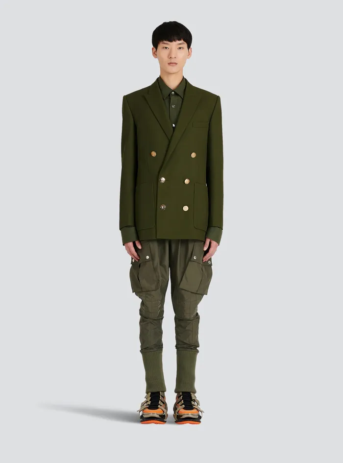 Balmain Blazers Mens Twill Blazer With DoubleBreasted SilverTone Buttoned Fastening Khaki