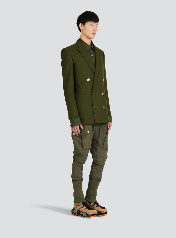 Balmain Blazers Mens Twill Blazer With DoubleBreasted SilverTone Buttoned Fastening Khaki