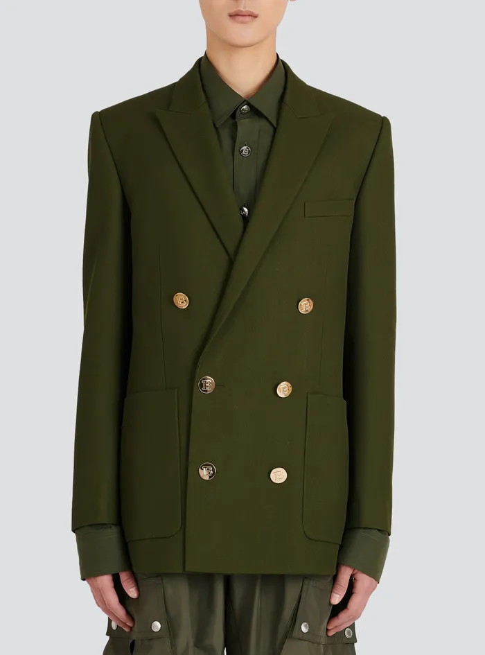Balmain Blazers Mens Twill Blazer With DoubleBreasted SilverTone Buttoned Fastening Khaki