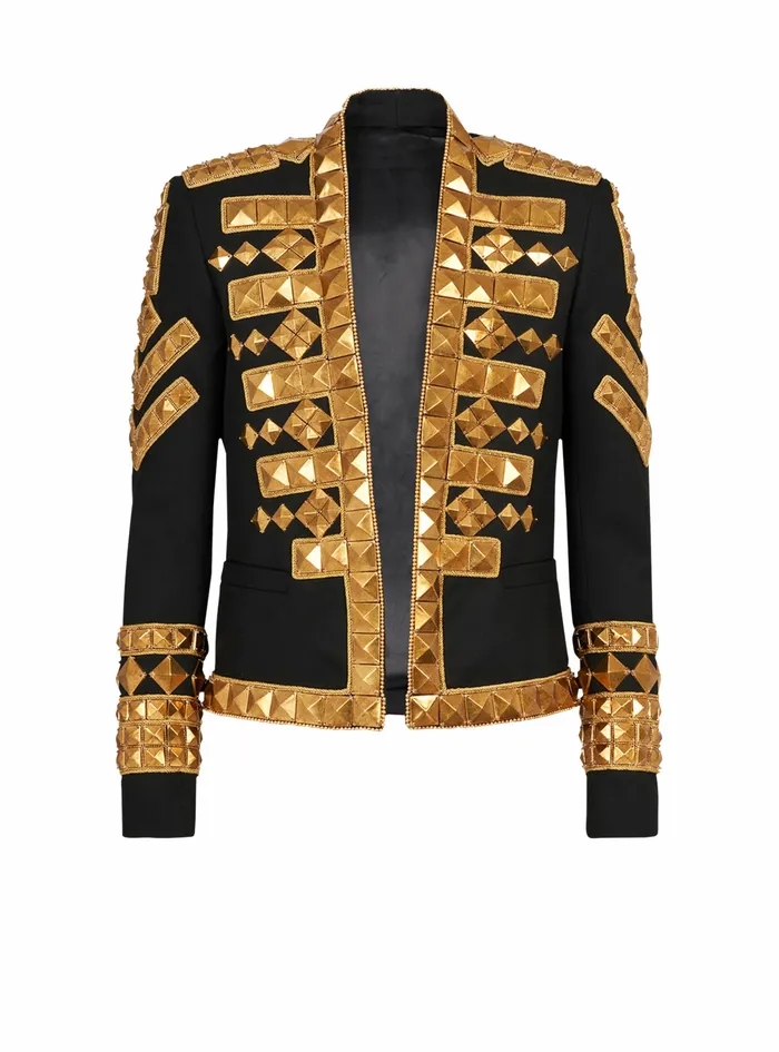 Balmain Blazers Mens Wool Spencer Jacket With GoldTone Studded Embroidery Gold Balmain Blazers Mens Wool Spencer Jacket With GoldTone Studded Embroidery Gold