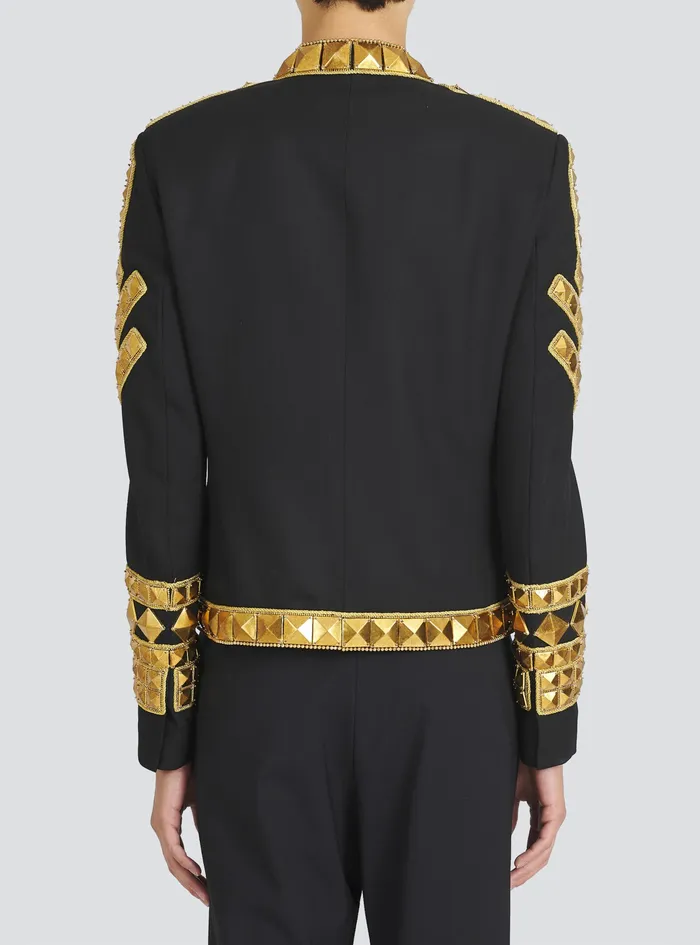 Balmain Blazers Mens Wool Spencer Jacket With GoldTone Studded Embroidery Gold Balmain Blazers Mens Wool Spencer Jacket With GoldTone Studded Embroidery Gold