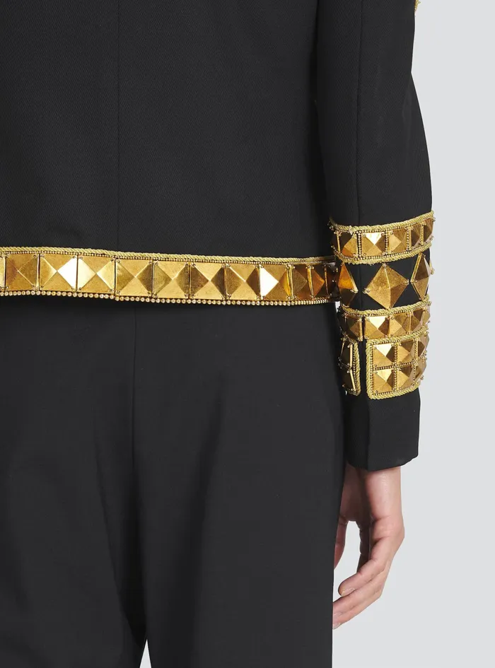 Balmain Blazers Mens Wool Spencer Jacket With GoldTone Studded Embroidery Gold Balmain Blazers Mens Wool Spencer Jacket With GoldTone Studded Embroidery Gold