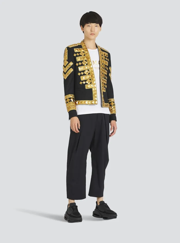 Balmain Blazers Mens Wool Spencer Jacket With GoldTone Studded Embroidery Gold Balmain Blazers Mens Wool Spencer Jacket With GoldTone Studded Embroidery Gold