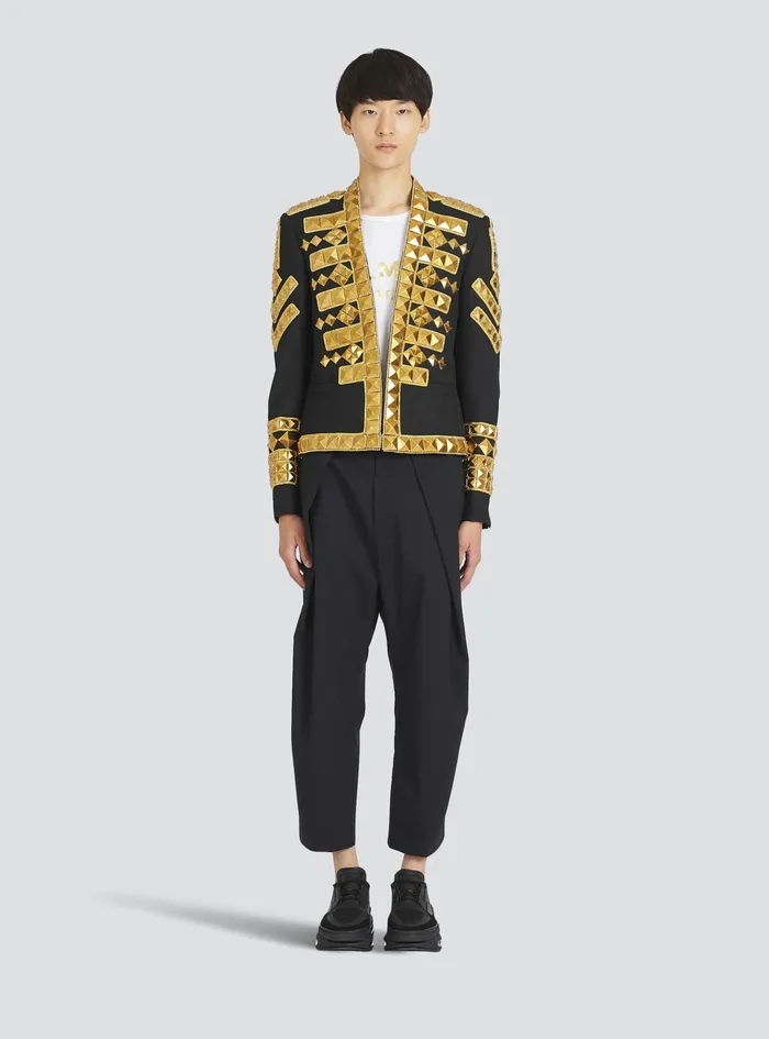 Balmain Blazers Mens Wool Spencer Jacket With GoldTone Studded Embroidery Gold Balmain Blazers Mens Wool Spencer Jacket With GoldTone Studded Embroidery Gold