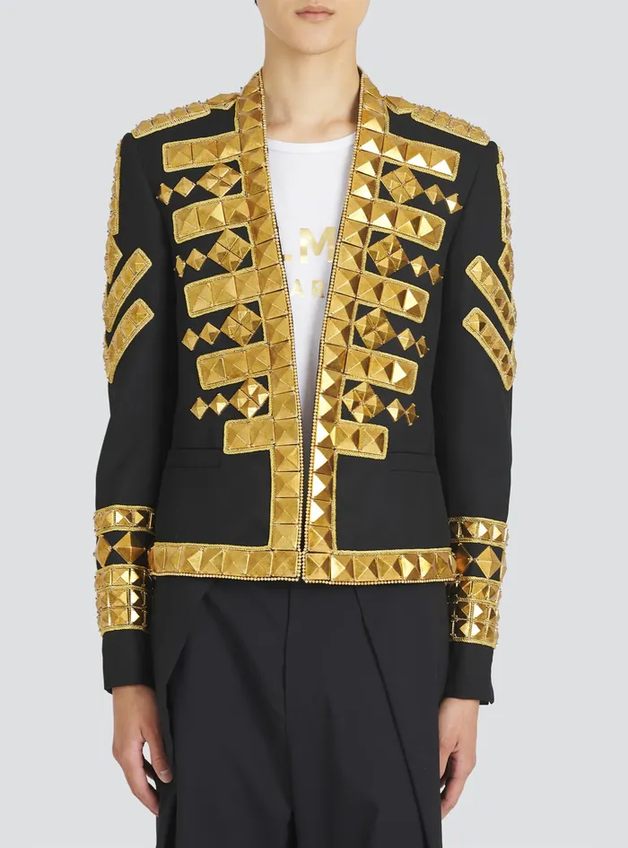 Balmain Blazers Mens Wool Spencer Jacket With GoldTone Studded Embroidery Gold Balmain Blazers Mens Wool Spencer Jacket With GoldTone Studded Embroidery Gold