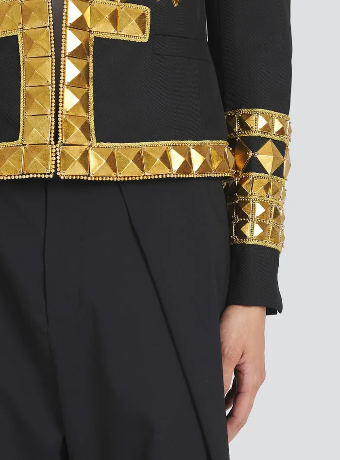 Balmain Blazers Mens Wool Spencer Jacket With GoldTone Studded Embroidery Gold Balmain Blazers Mens Wool Spencer Jacket With GoldTone Studded Embroidery Gold
