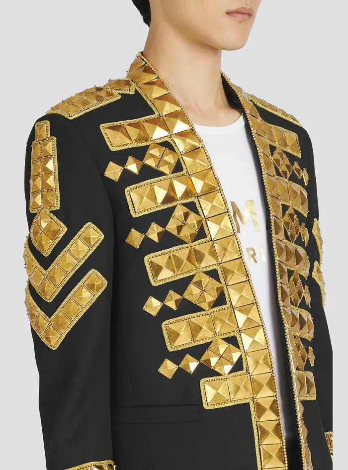 Balmain Blazers Mens Wool Spencer Jacket With GoldTone Studded Embroidery Gold Balmain Blazers Mens Wool Spencer Jacket With GoldTone Studded Embroidery Gold
