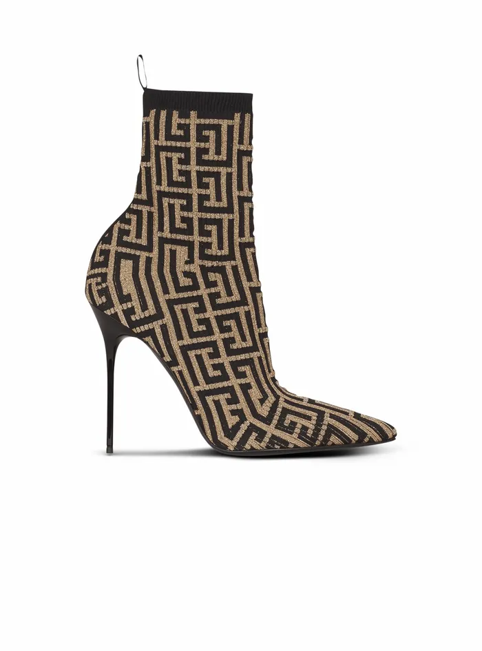 Balmain Boots And Rangers Womens Bicolor Shiny Stretch Knit Skye Ankle Boots With Balmain Monogram Gold