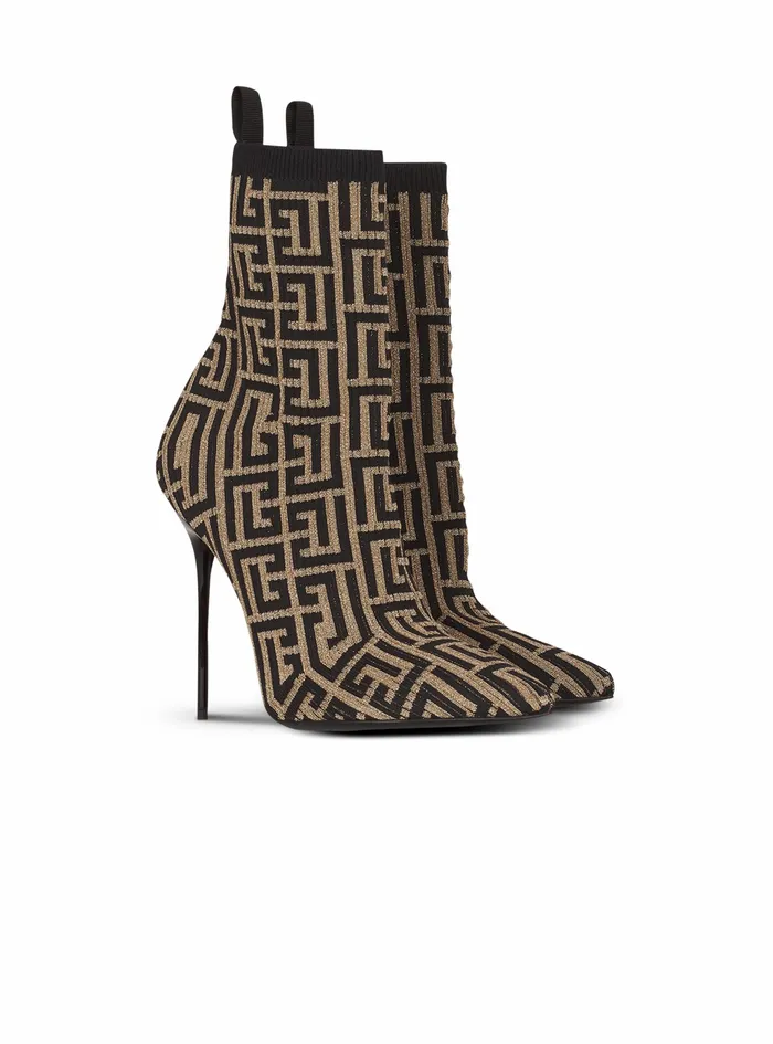 Balmain Boots And Rangers Womens Bicolor Shiny Stretch Knit Skye Ankle Boots With Balmain Monogram Gold Balmain Boots And Rangers Womens Bicolor Shiny Stretch Knit Skye Ankle Boots With Balmain Monogram Gold