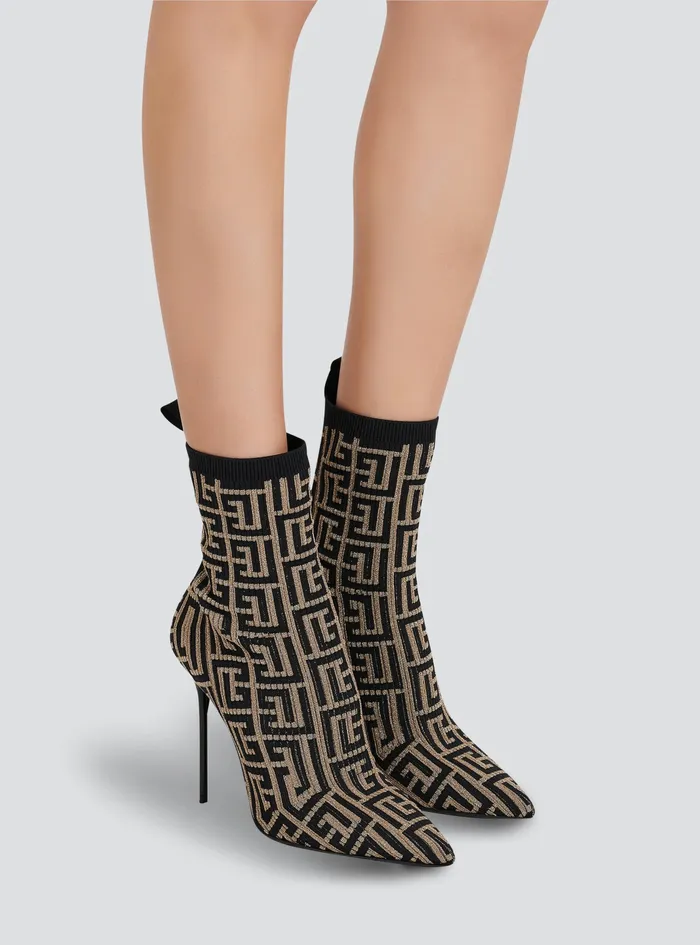 Balmain Boots And Rangers Womens Bicolor Shiny Stretch Knit Skye Ankle Boots With Balmain Monogram Gold Balmain Boots And Rangers Womens Bicolor Shiny Stretch Knit Skye Ankle Boots With Balmain Monogram Gold