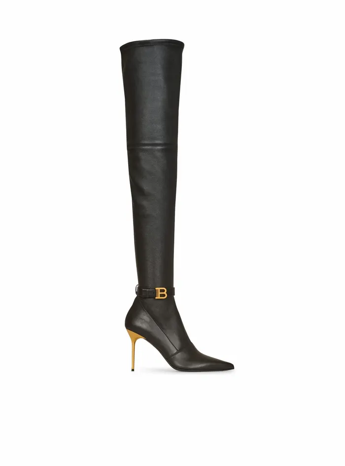 Balmain Boots And Rangers Womens Stretch Leather Raven ThighHigh Boots Black