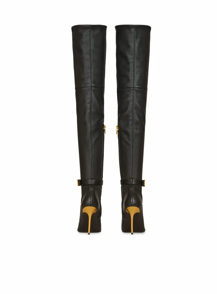Balmain Boots And Rangers Womens Stretch Leather Raven ThighHigh Boots Black Balmain Boots And Rangers Womens Stretch Leather Raven ThighHigh Boots Black
