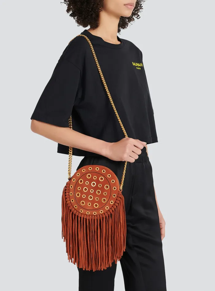 Balmain Crossbody Bags Womens X Netflix Fringed Suede Round Disco Bag Brown