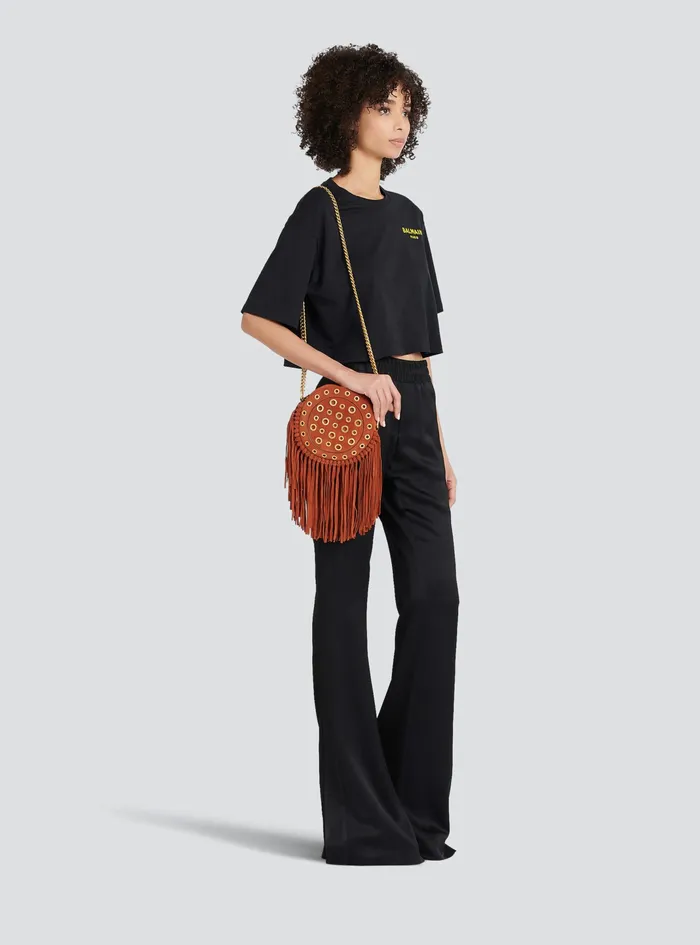 Balmain Crossbody Bags Womens X Netflix Fringed Suede Round Disco Bag Brown
