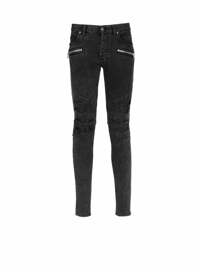 Balmain Denim Mens Faded Faux Leather Slim Jeans Black