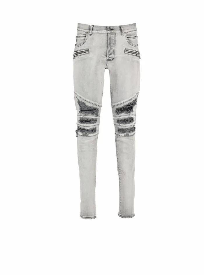 Balmain Denim Mens Faded Faux Leather Slim Jeans Grey