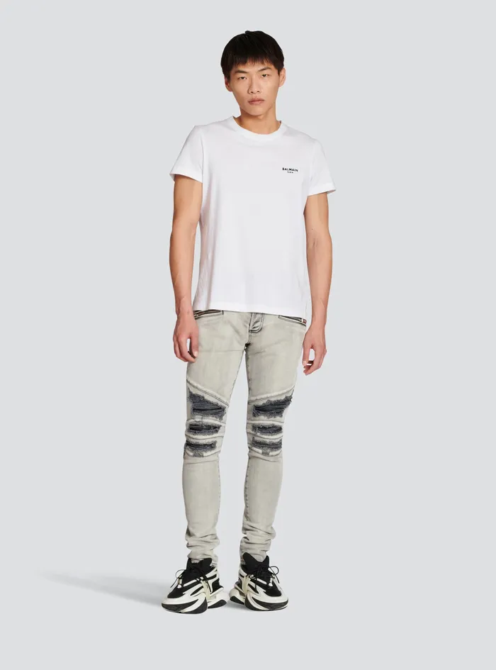 Balmain Denim Mens Faded Faux Leather Slim Jeans Grey Balmain Denim Mens Faded Faux Leather Slim Jeans Grey