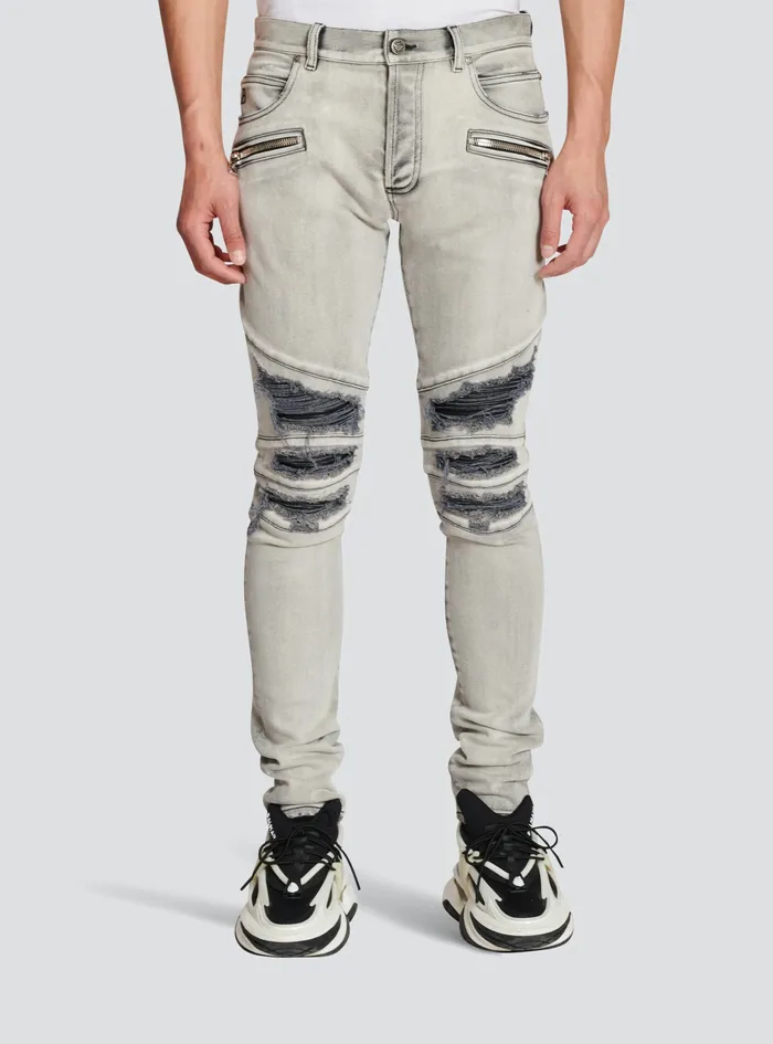 Balmain Denim Mens Faded Faux Leather Slim Jeans Grey Balmain Denim Mens Faded Faux Leather Slim Jeans Grey