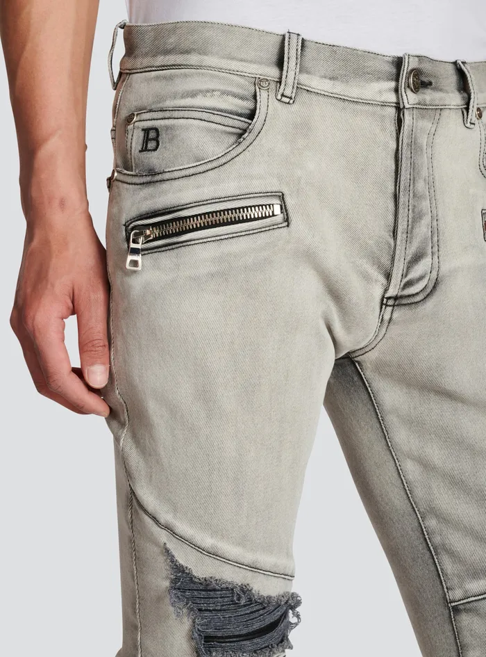 Balmain Denim Mens Faded Faux Leather Slim Jeans Grey Balmain Denim Mens Faded Faux Leather Slim Jeans Grey