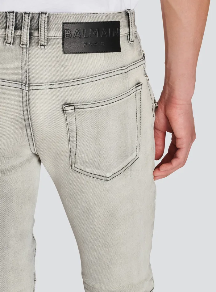 Balmain Denim Mens Faded Faux Leather Slim Jeans Grey Balmain Denim Mens Faded Faux Leather Slim Jeans Grey