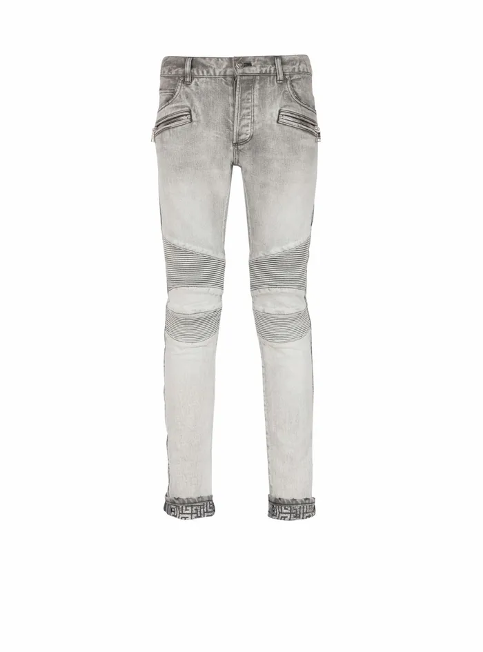 Balmain Denim Mens Slim Cut Faded And Ridged Light Gray Cotton Jeans With Balmain Monogram On Hem Grey Balmain Denim Mens Slim Cut Faded And Ridged Light Gray Cotton Jeans With Balmain Monogram On Hem Grey