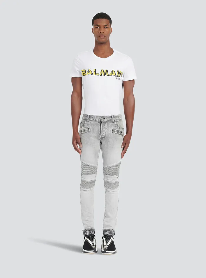 Balmain Denim Mens Slim Cut Faded And Ridged Light Gray Cotton Jeans With Balmain Monogram On Hem Grey Balmain Denim Mens Slim Cut Faded And Ridged Light Gray Cotton Jeans With Balmain Monogram On Hem Grey