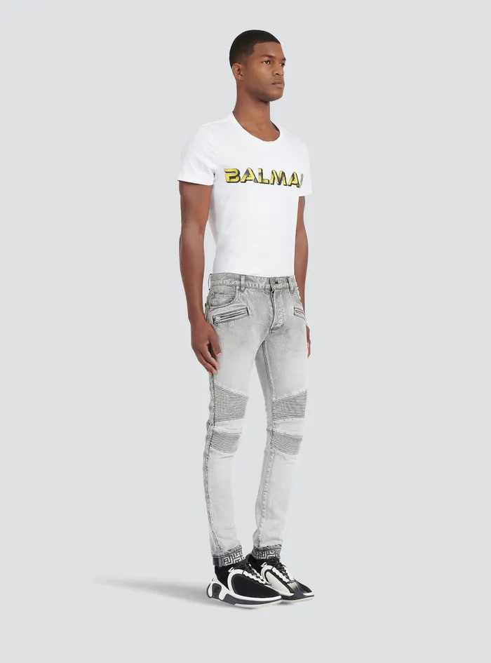 Balmain Denim Mens Slim Cut Faded And Ridged Light Gray Cotton Jeans With Balmain Monogram On Hem Grey Balmain Denim Mens Slim Cut Faded And Ridged Light Gray Cotton Jeans With Balmain Monogram On Hem Grey